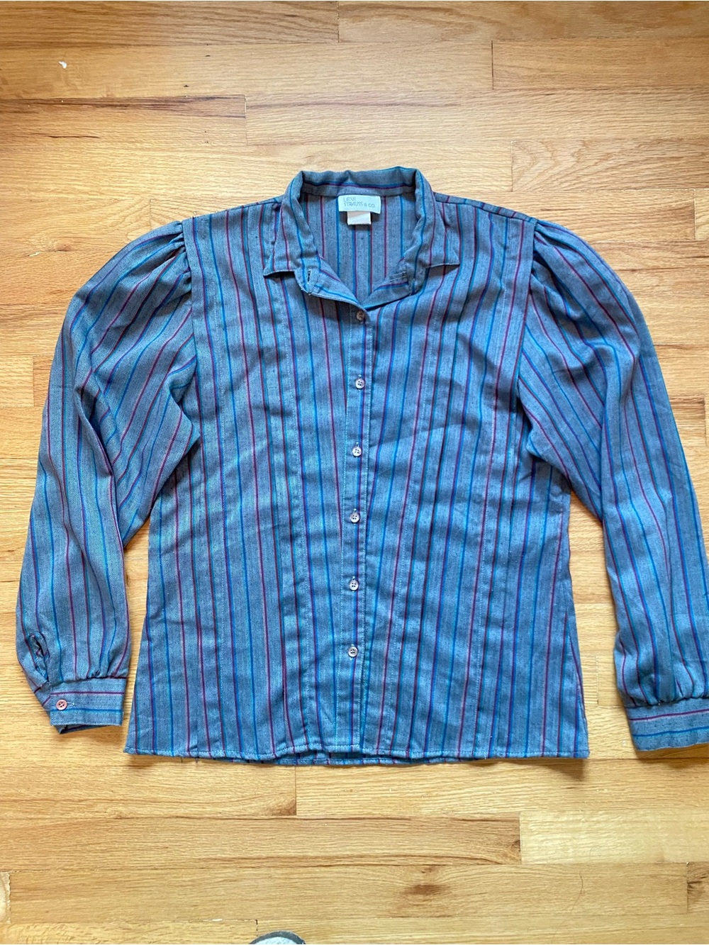 Vtg 80s Levi Strauss Striped Puff Sleeve Blouse Made in USA